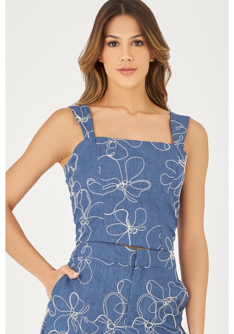 Cropped Deep Detalhe Tecido Bordado - Flower Road