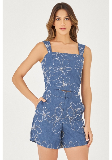 Cropped Deep Detalhe Tecido Bordado - Flower Road