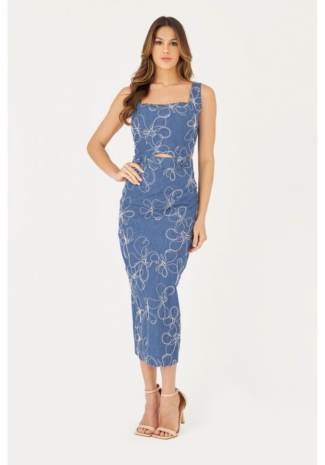 Vestido Deep Midi Bordado com Detalhe Botão - Flower Road