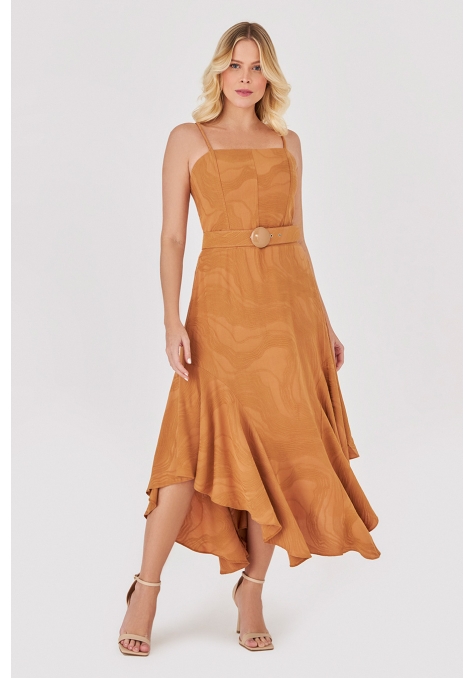 Vestido Deep Midi Babado Assimétrico - Golden Hour