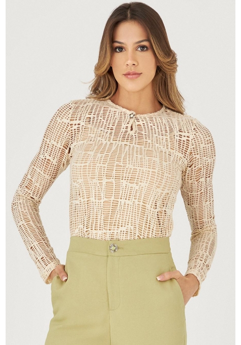 Blusa Deep de Tela Manga Longa Detalhe Botão Frente - Flower Road