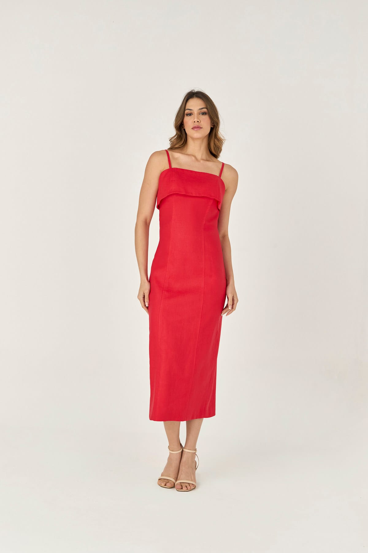 10419311 F VERM Vestido Midi De Linho