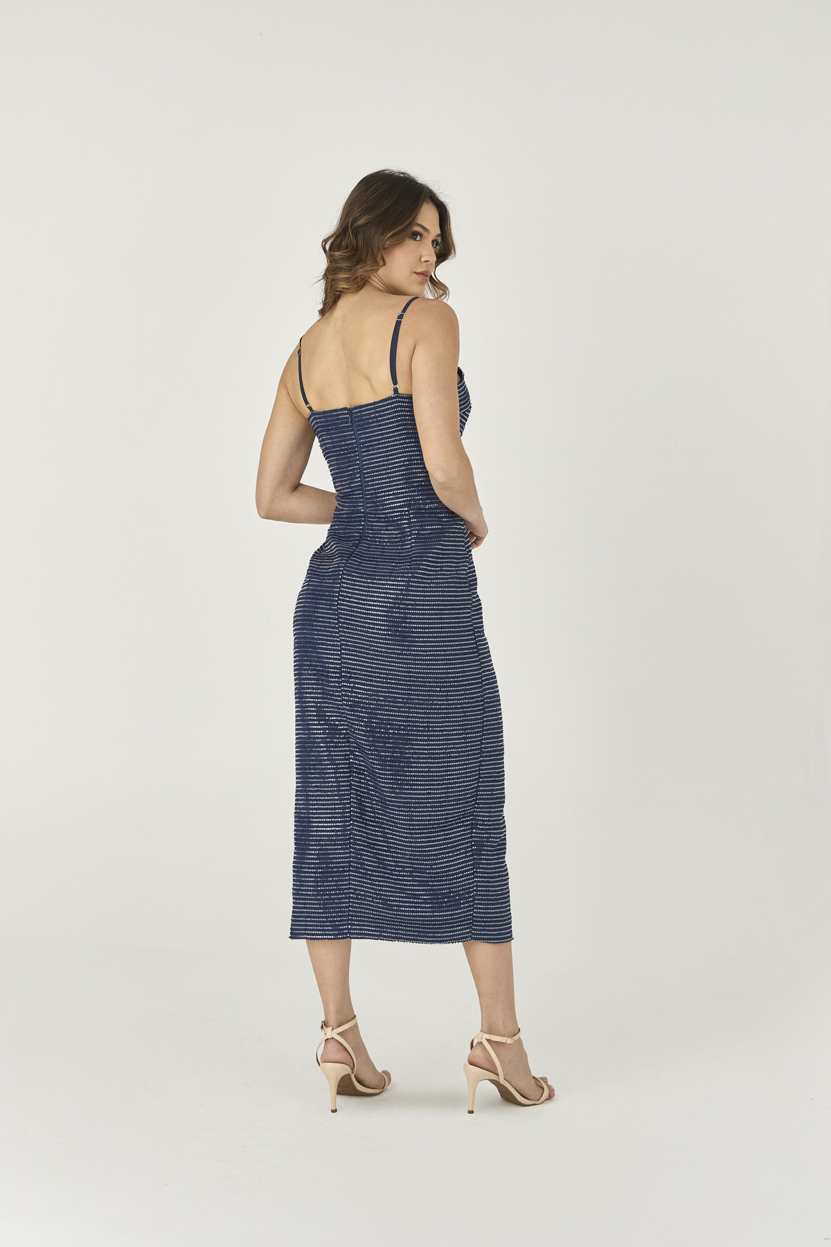 10420511 C AZUL Vestido Midi Com Fenda De Paete