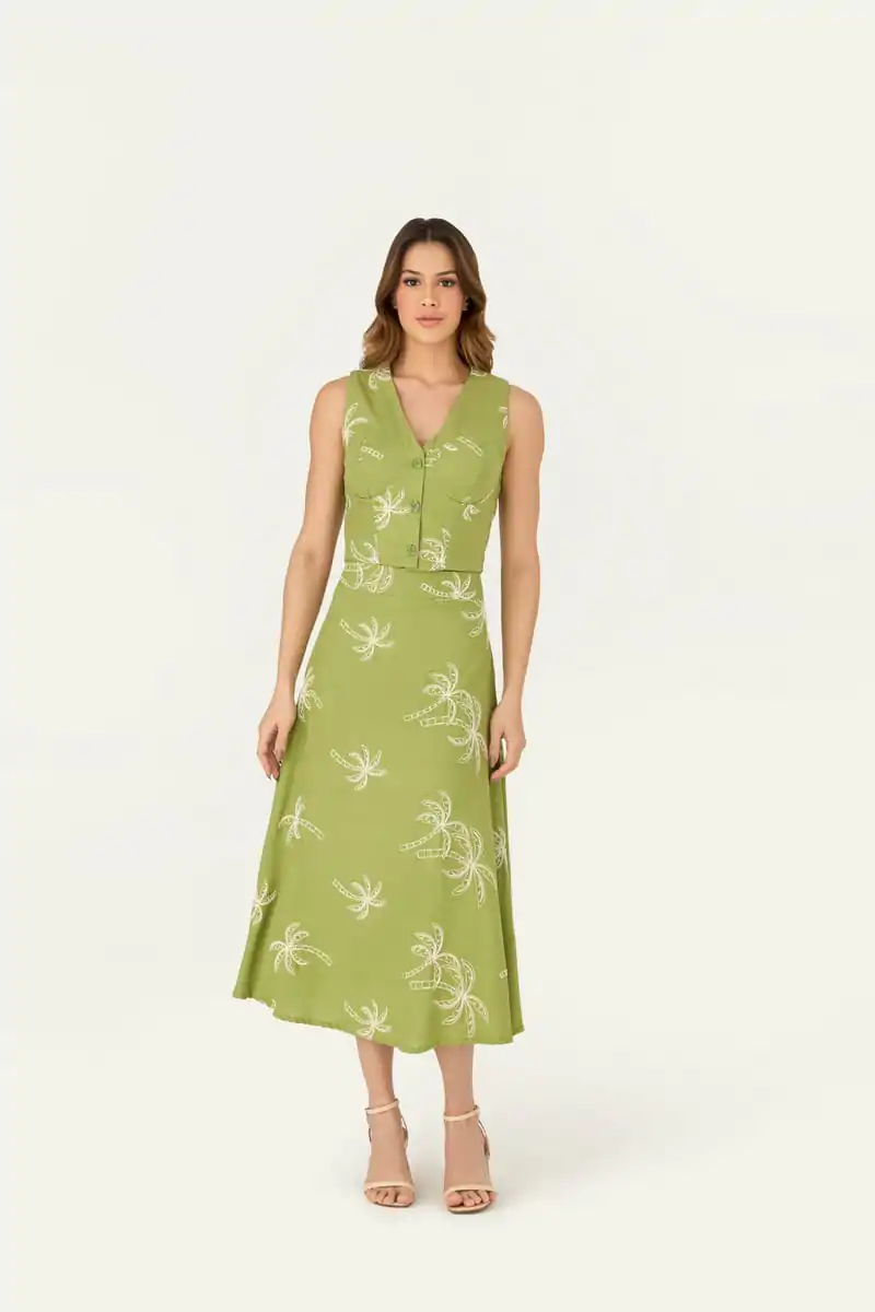 11210909 F VERD Conjunto Saia E Blusa Bordado Detalhe Botao