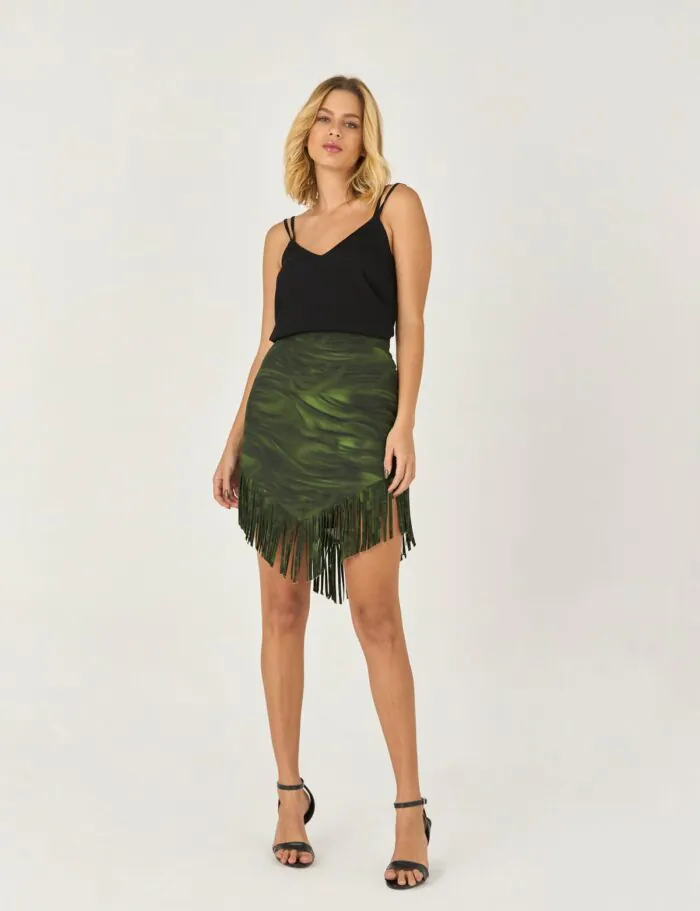 Saia Saia Curta Estampada Com Detalhe Franjas