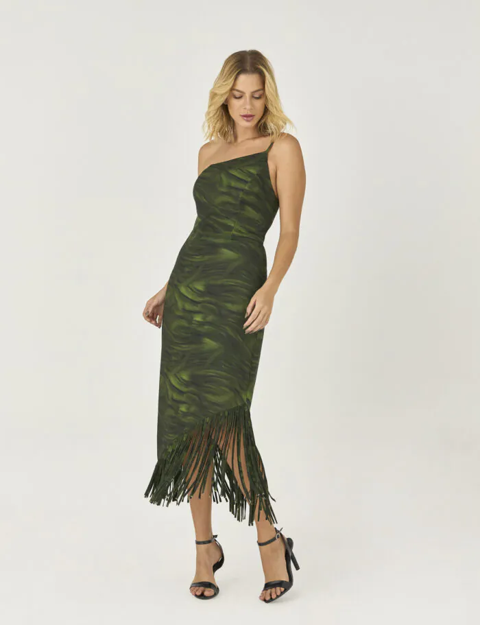 Vestido Midi Estampado Com Franjas