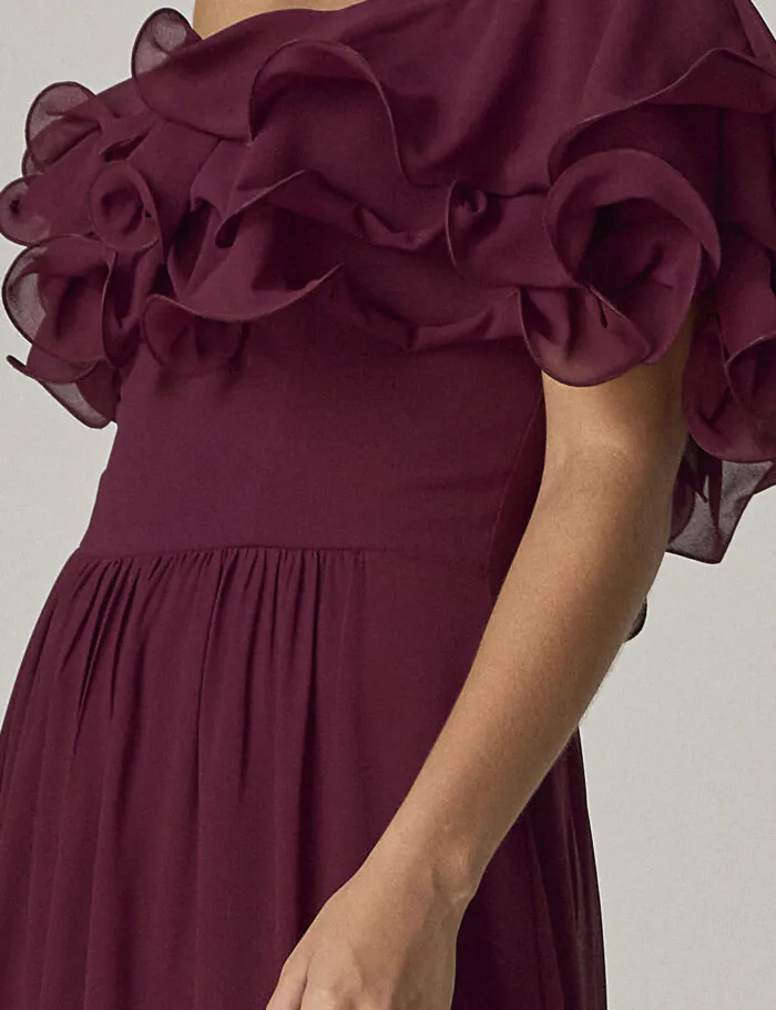 Vestido Longo Com Babados Ombro A Ombro