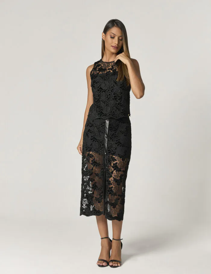 Saia Midi Com Detalhe Renda E Couro