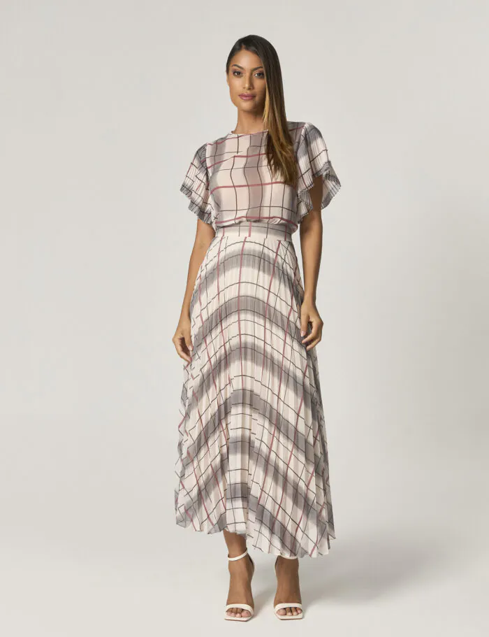 Saia Midi Estampada Com Plissado