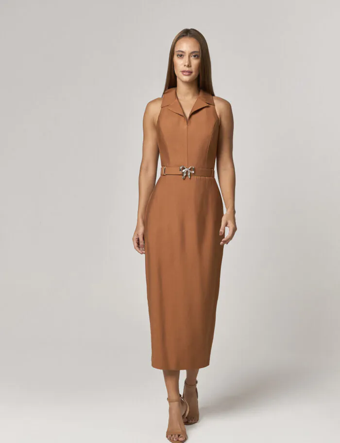 Vestido Midi Com Detalhe Gola E Cinto