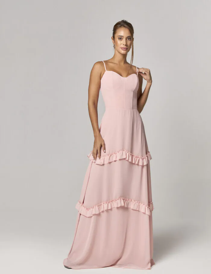 Vestido Longo Com Detalhe Corset E Babados