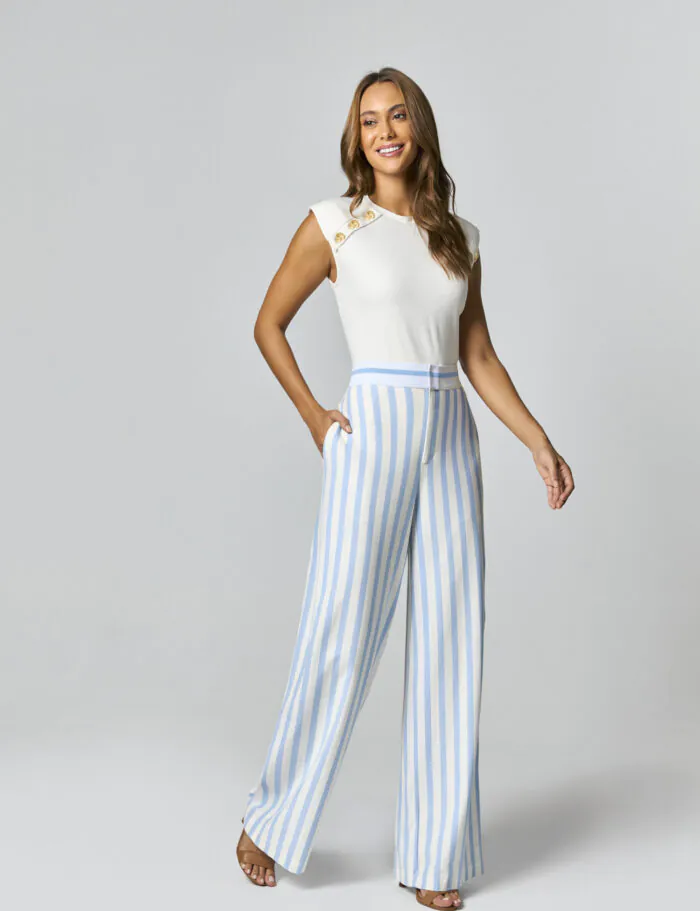 Calca Pantalona De Malha Com Detalhe Listras