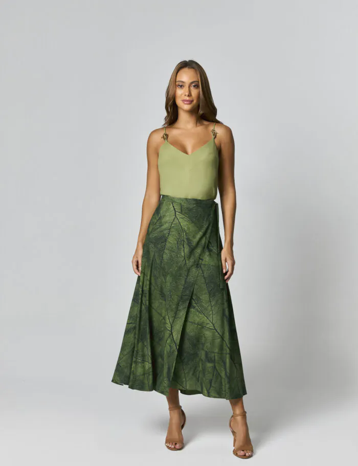 Saia Midi Estampado Com Transpasse