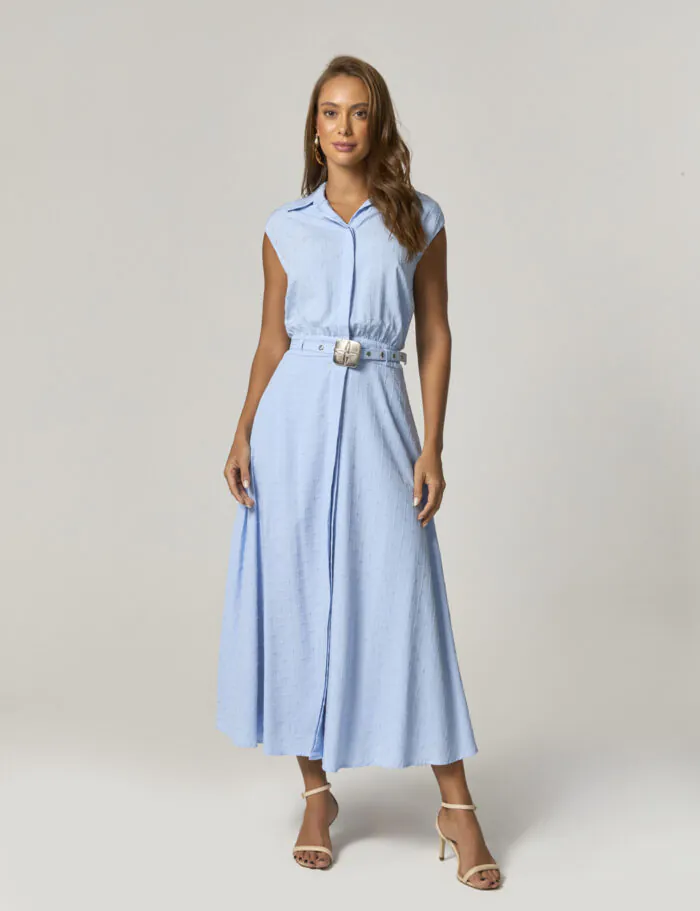 Vestido Midi Com Tecido Maquinetado E Detalhe Cinto