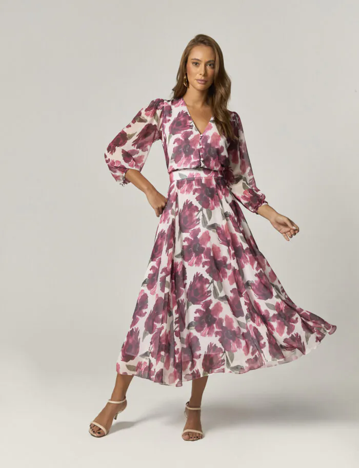 Vestido Midi Estampado Com Mangas E Nesgas