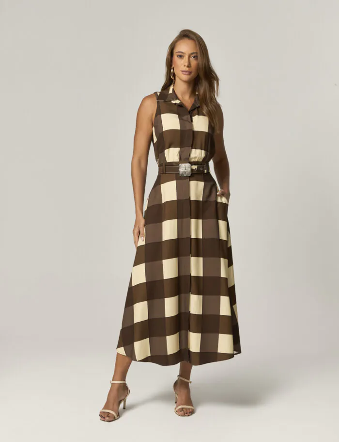 Vestido Midi Estampado Xadrez Com Detalhe Cinto
