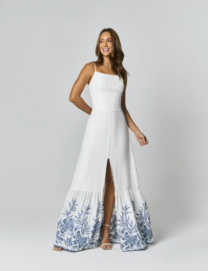 Vestido Longo Com Barrado Bordado