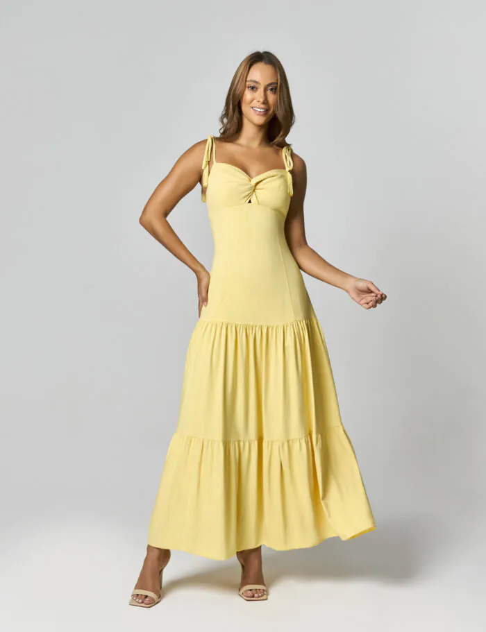 Vestido Longo Com Detalhe Torcido E Pompom