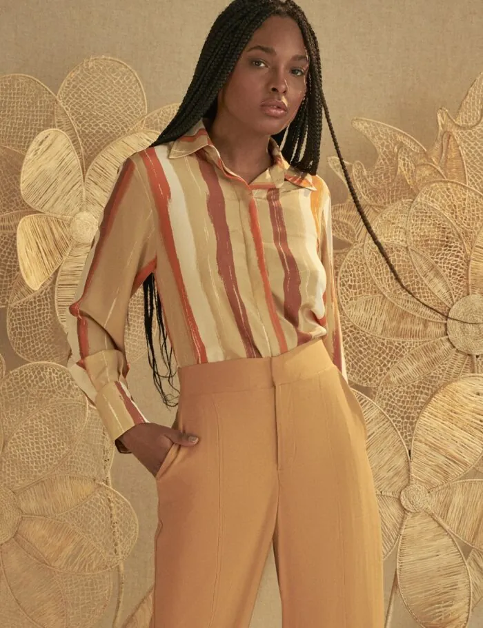 Blusa Manga Longa Camisa Seda Estampa Listras