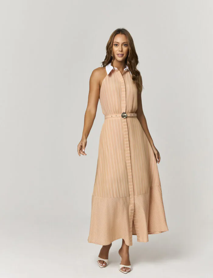 Vestido Midi Com Mix De Listras E Detalhe Cinto
