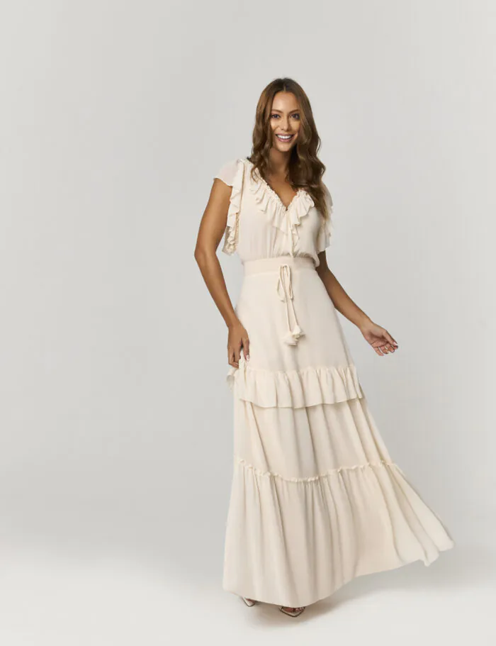 Vestido Longo Detalhe Babados E Franzidos