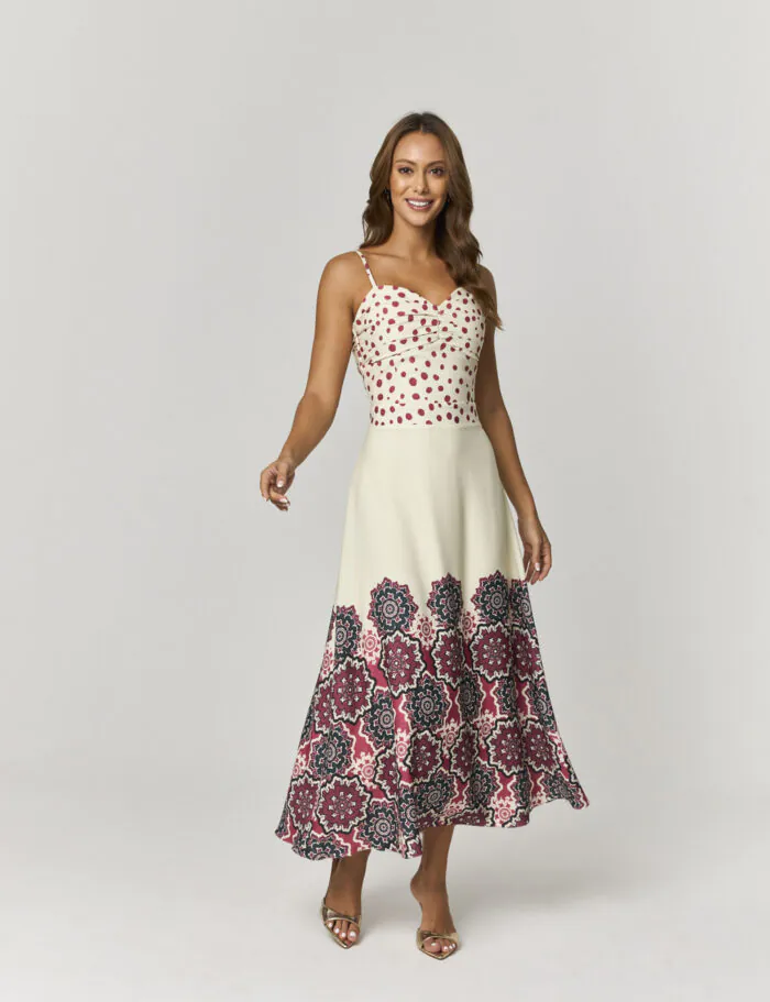 Vestido Longo Estampado Com Poa E Barrado