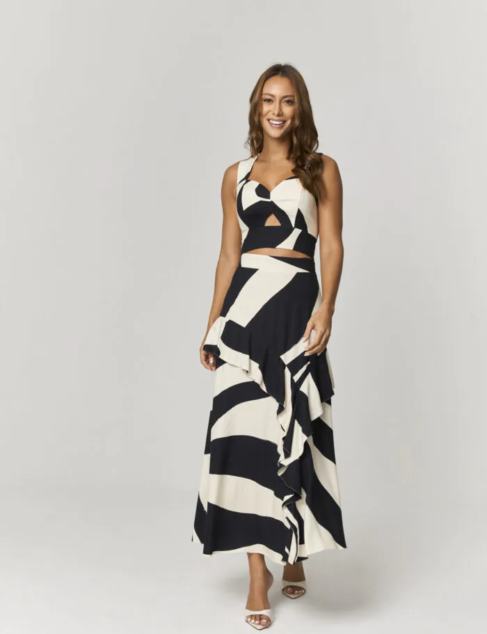 Conjunto Saia Midi E Cropped Estampado Com Babados