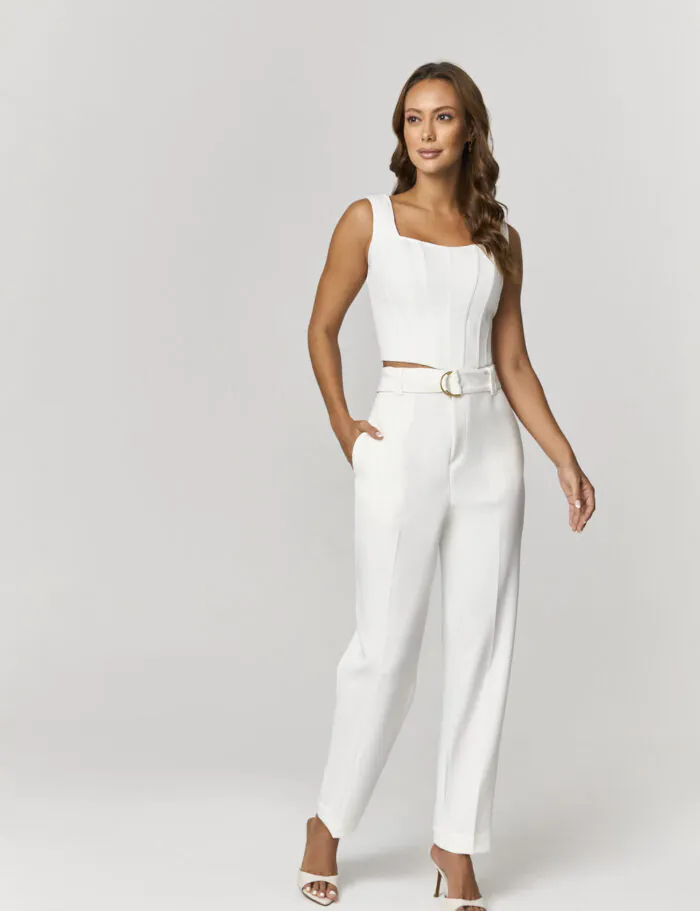 Conjunto Calca E Cropped Alfaiataria Com Detalhe Faixa E Argolas