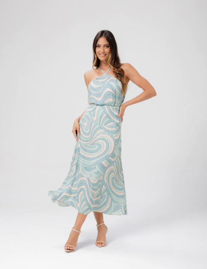 Saia Midi Estampada Detalhe Botao Flor