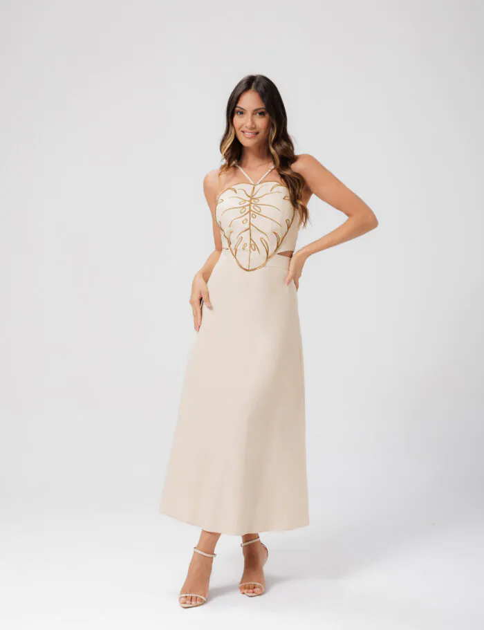 Vestido Midi Com Flor Bordada