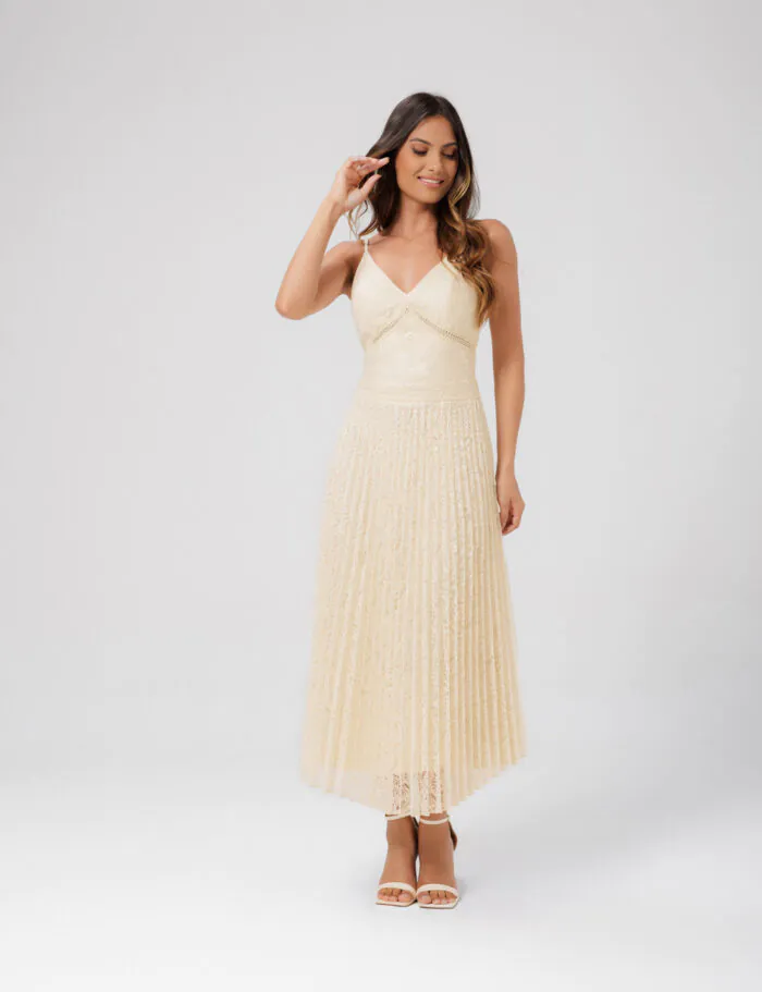 Vestido Midi Plissado Com Detalhe Renda