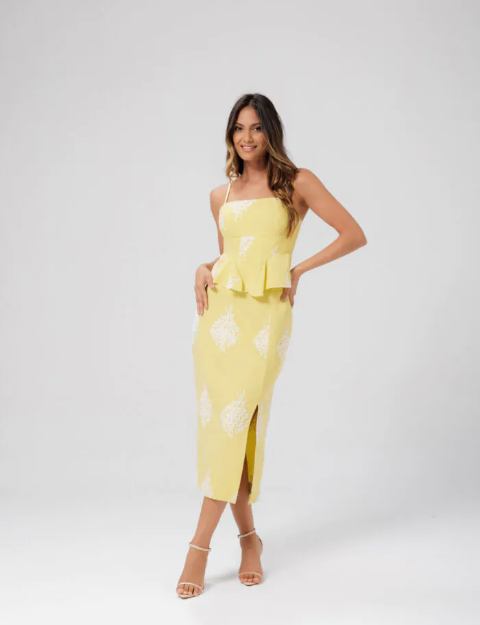 Conjunto Saia Midi E Cropped Com Tecido Bordado