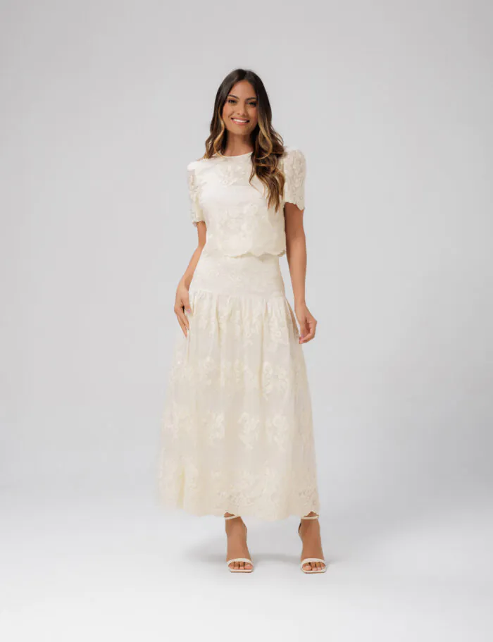 Conjunto Saia Midi E Cropped Com Detalhe Bordado