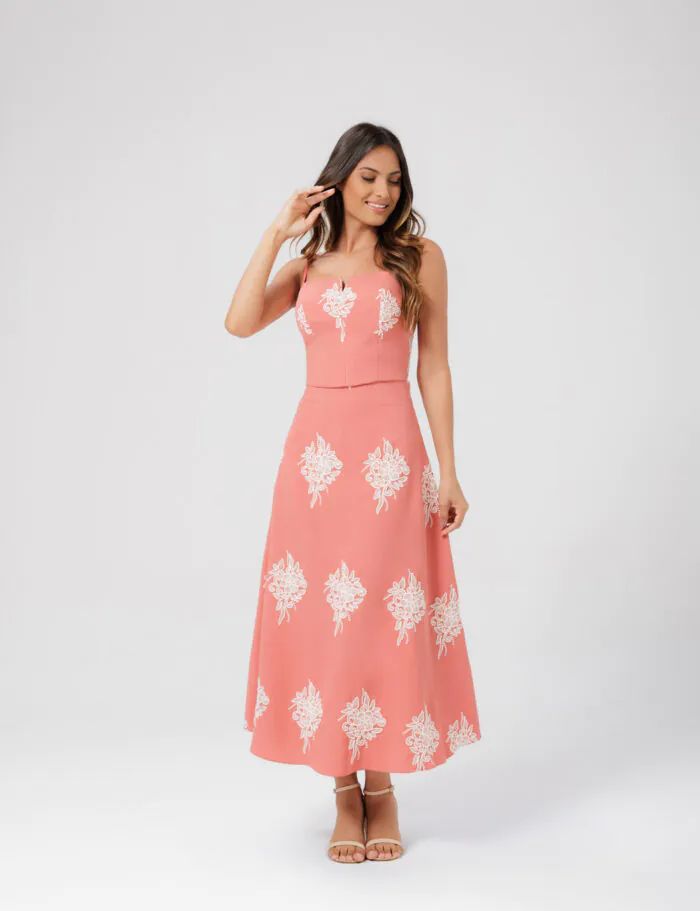 Conjunto Saia Midi E Cropped Com Tecido Bordado