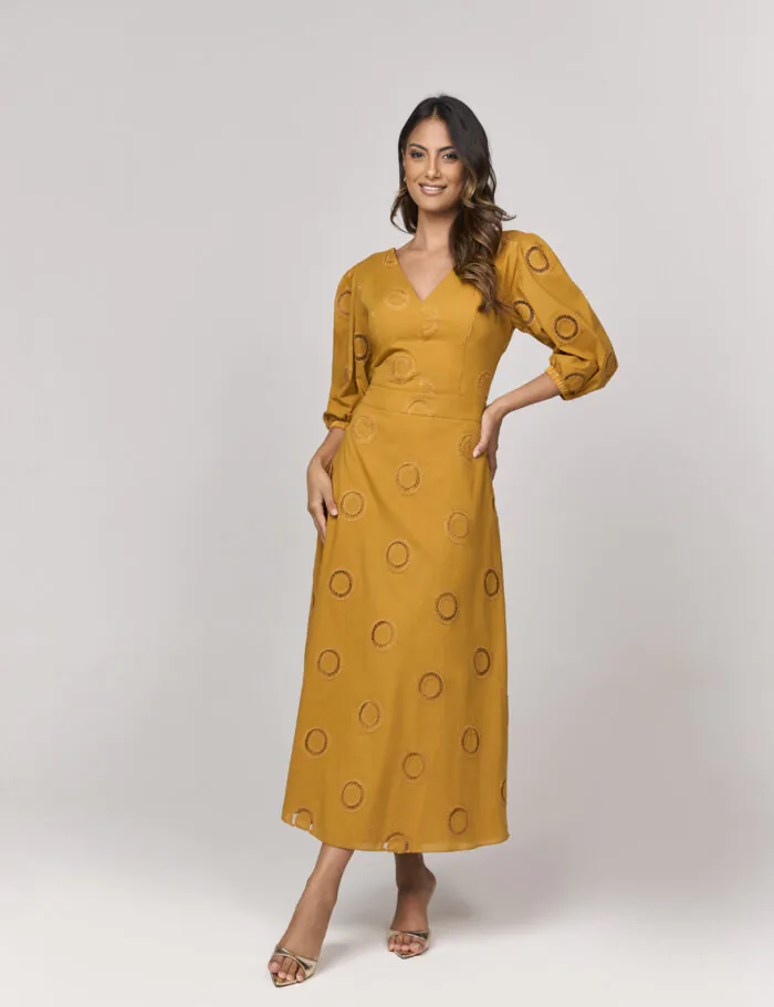 Vestido Midi Com Detalhe Mangas
